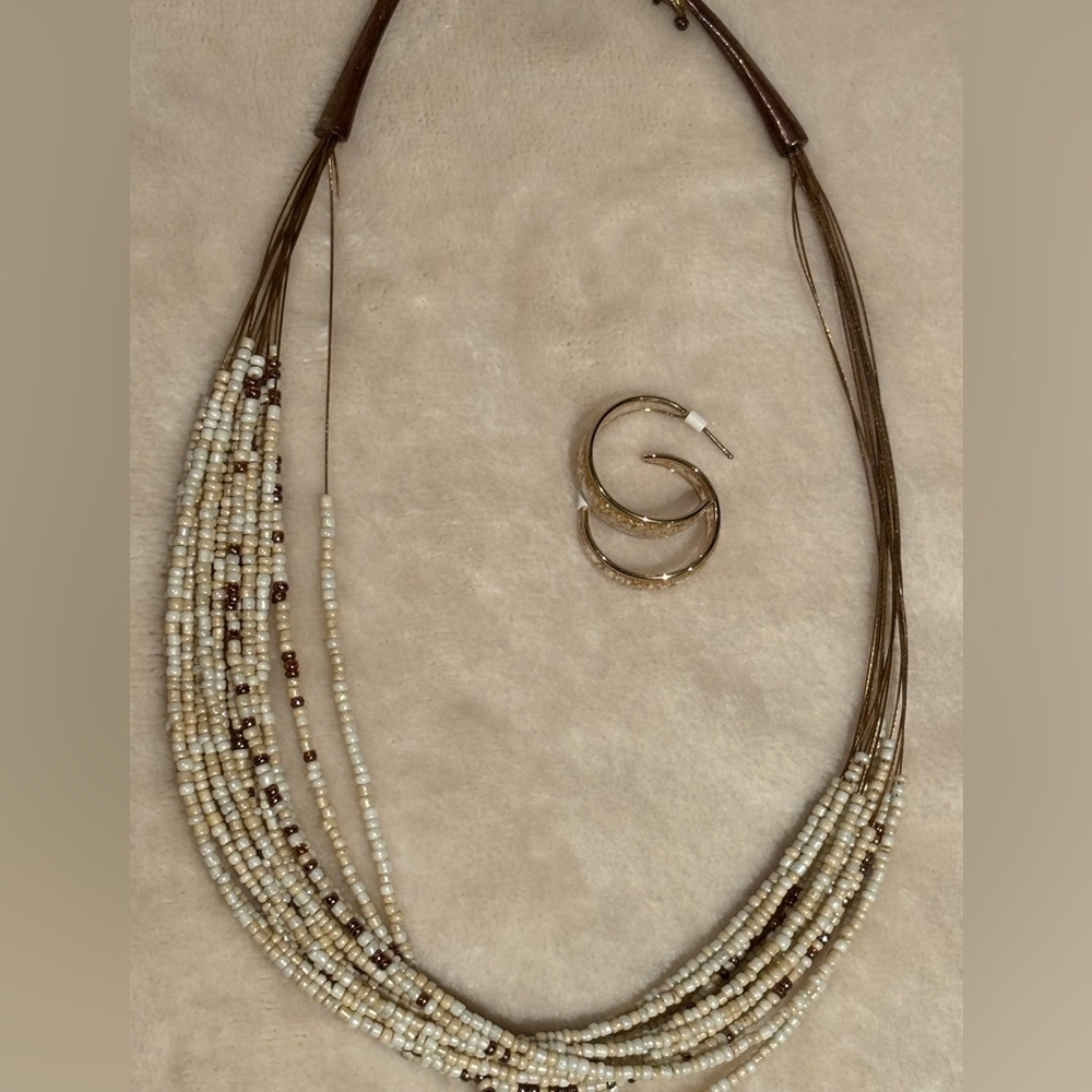 Coldwater Creek Cream and Brown Beaded Necklace with Hoop Earrings